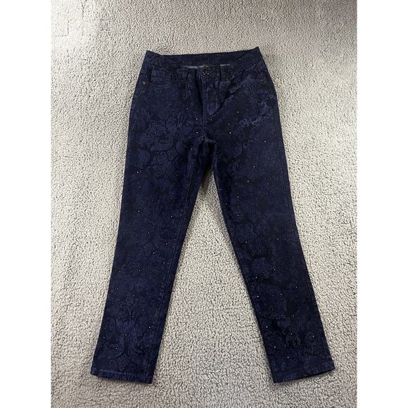 Dg2 Diane Gilman Jeans Women 10 Straight‎ Leg Embroidered Flocked Velvet Floral - Picture 1 of 7